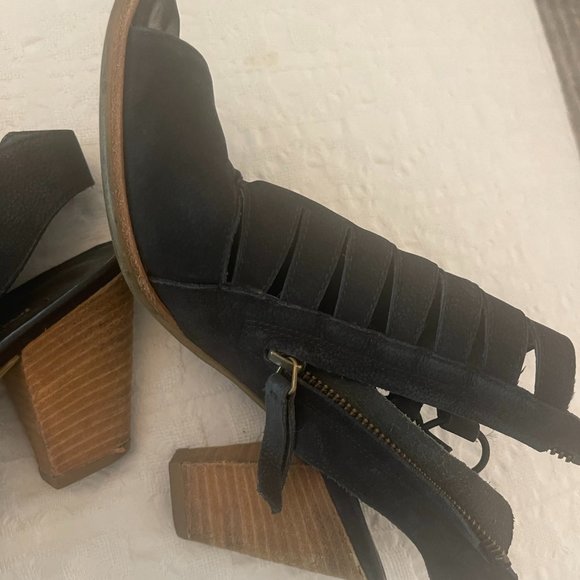 Paul Green Women's 7.5 Black Leather Cage Block Heel Peep Toe Booties - Picture 2 of 4